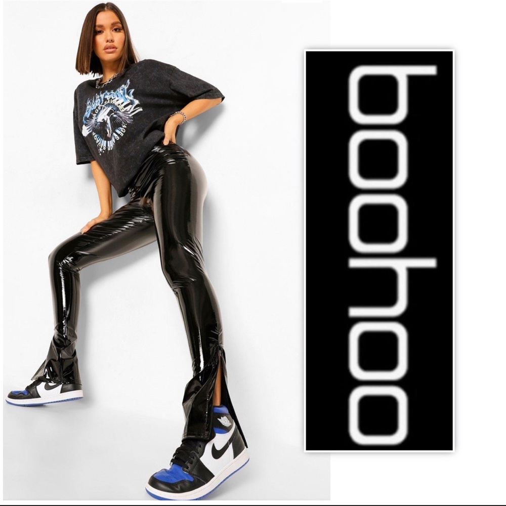 NWT Boohoo HIGH WAIST EXTRA LONG VINYL PVC SPLIT HEM PANTS - Picture 3 of 8
